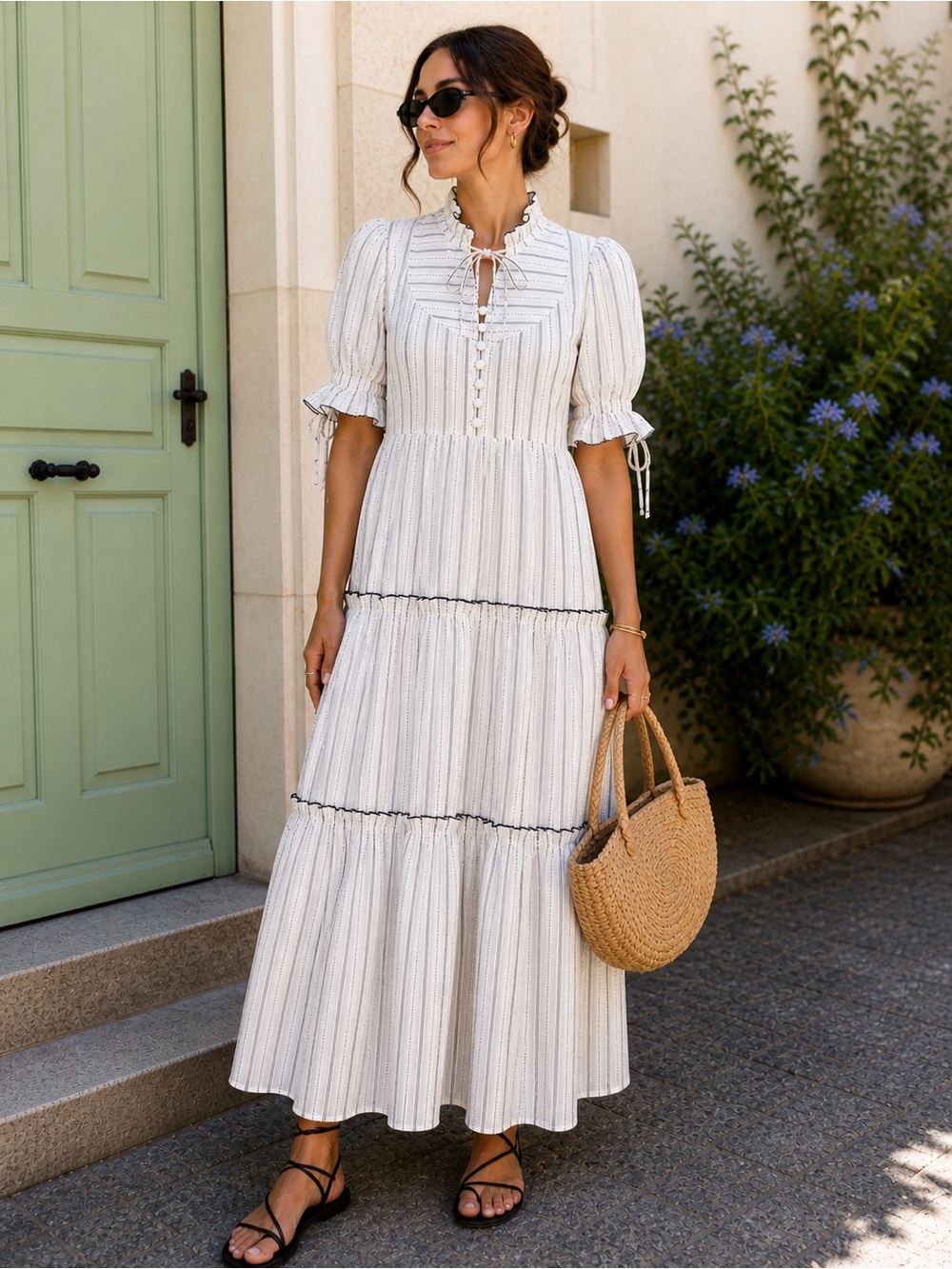 Hunter Bell Holloway Stripe Midi Dress L Puff Sleeve Tiered Boho
